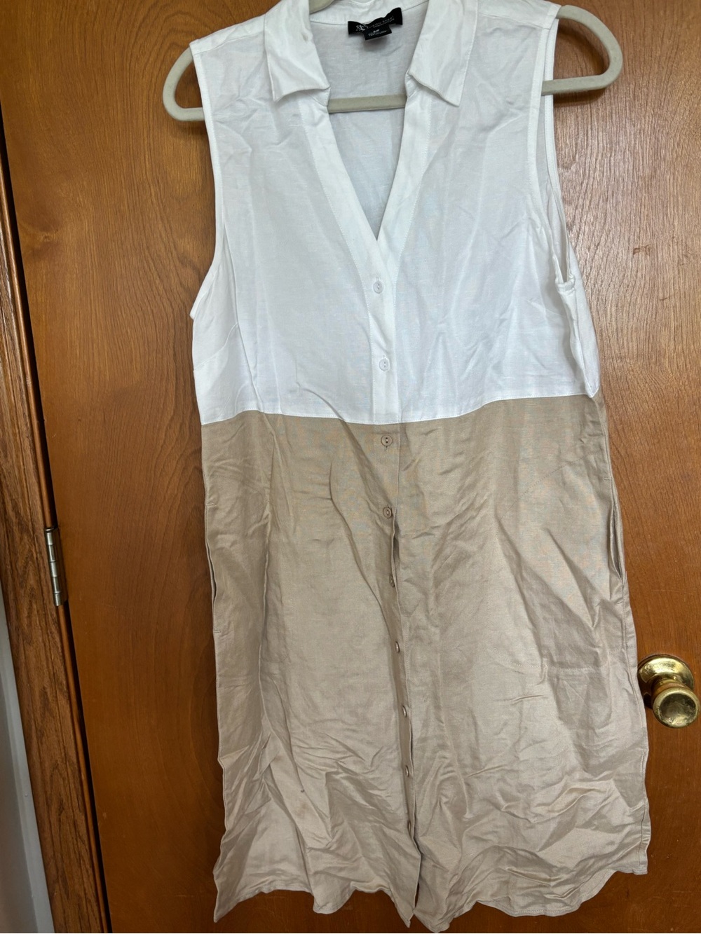 Sleeveless Two-Tone Midi Shirt Dress in White and Beige by Unknown